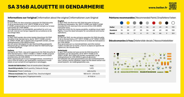 Heller 56286 STARTER KIT SA 316 Alouette III Gendarmerie Bouwpakket Schaal 1:72