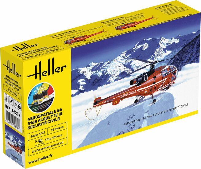 Heller 56289 STARTER KIT Alouette III S&eacute;curit&eacute; Civile Bouwpakket Schaal 1:72