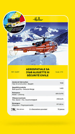 Heller 56289 STARTER KIT Alouette III S&eacute;curit&eacute; Civile Bouwpakket Schaal 1:72