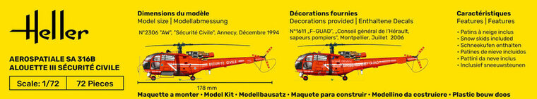 Heller 56289 STARTER KIT Alouette III S&eacute;curit&eacute; Civile Bouwpakket Schaal 1:72
