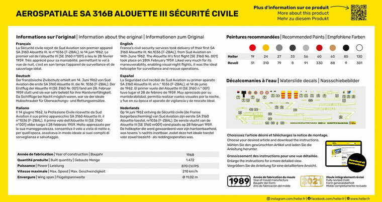 Heller 56289 STARTER KIT Alouette III S&eacute;curit&eacute; Civile Bouwpakket Schaal 1:72