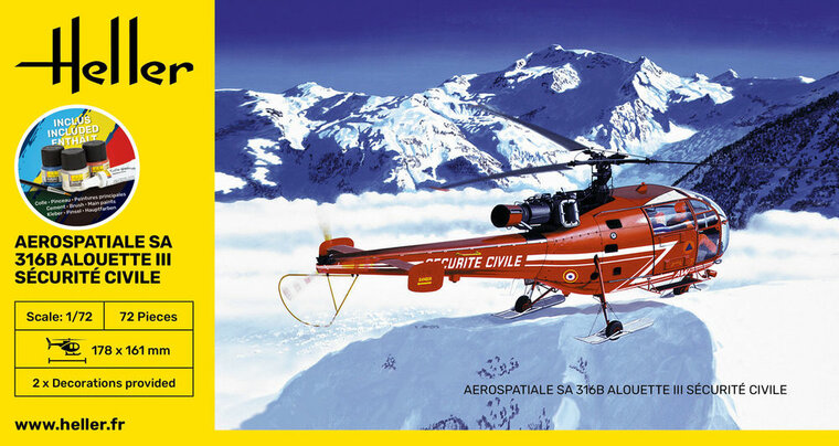 Heller 56289 STARTER KIT Alouette III S&eacute;curit&eacute; Civile Bouwpakket Schaal 1:72