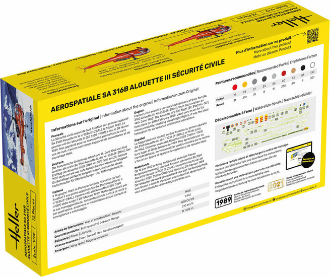 Heller 56289 STARTER KIT Alouette III S&eacute;curit&eacute; Civile Bouwpakket Schaal 1:72