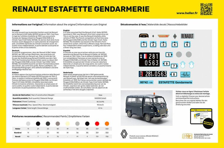 Heller 56742 STARTER KIT RENAULT Estafette Gendarmerie New Mould Bouwpakket Schaal 1:24