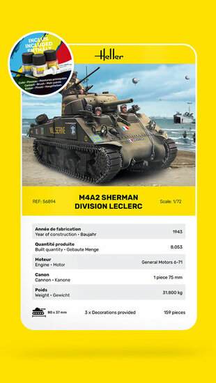 Heller 56894 STARTER KIT M4A2 Sherman "Division Leclerc" (deco.FR KIT Bouwpakket Schaal 1:72