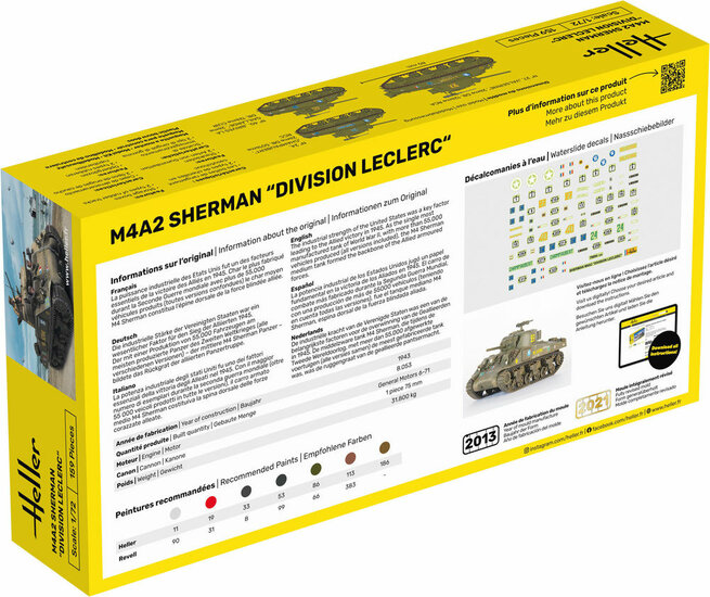 Heller 56894 STARTER KIT M4A2 Sherman "Division Leclerc" (deco.FR KIT Bouwpakket Schaal 1:72