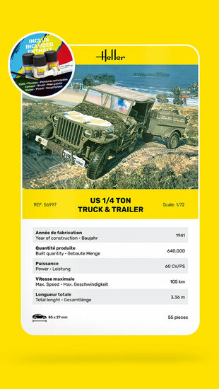 Heller 56997 STARTER KIT US 1/4 Ton Truck & Trailer Bouwpakket Schaal 1:72