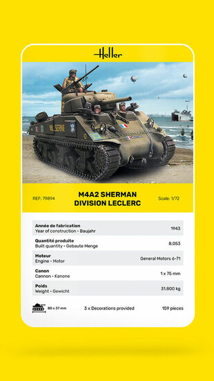 Heller 79894 M4A2 Sherman "Division Leclerc" (deco.FR Bouwpakket Schaal 1:72