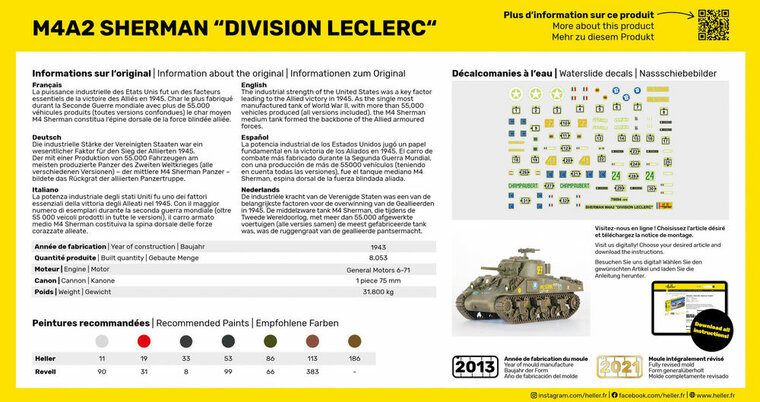 Heller 79894 M4A2 Sherman "Division Leclerc" (deco.FR Bouwpakket Schaal 1:72