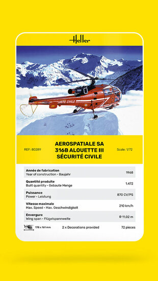 Heller 80289 Alouette III Sécurité Civile Bouwpakket Schaal 1:72