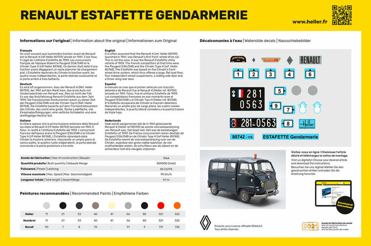 Heller 80742 RENAULT Estafette Gendarmerie New Mould Bouwpakket Schaal 1:24