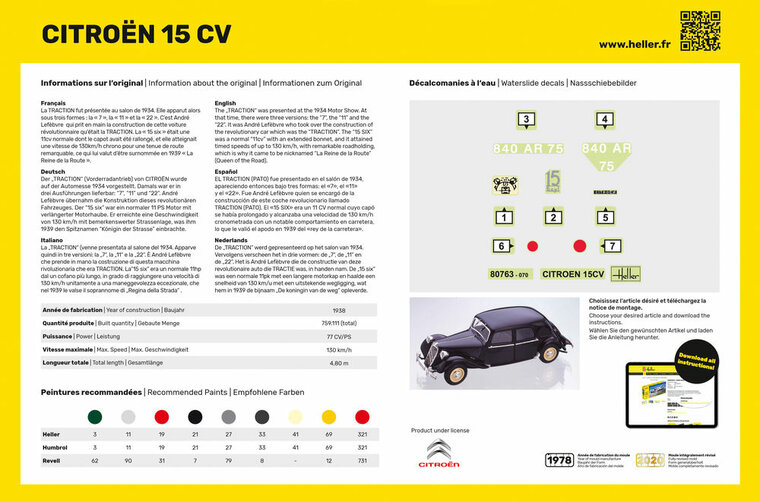 Heller 80763 Citroen 15 CV Bouwpakket Schaal 1:24