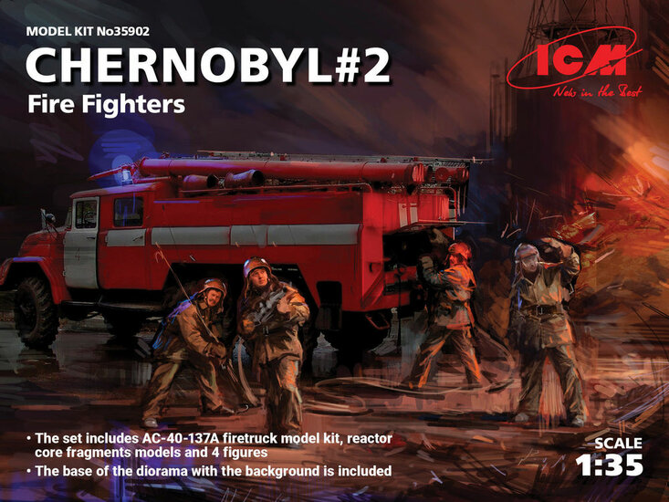 ICM 35902 Chernobyl2. Fire Fighters(AC-40-137A firetruck&4figur&diora base w.backgrou Bouwpakket Schaal 1:35