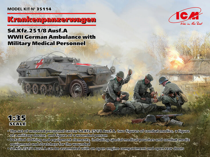 ICM 35114 &#039;Krankenpanzerwagen&#039; Sd.Kfz.251/8 Ausf.A , WWII German Ambulance with Military Medical Personnel Bouwpakket Schaal 1:35