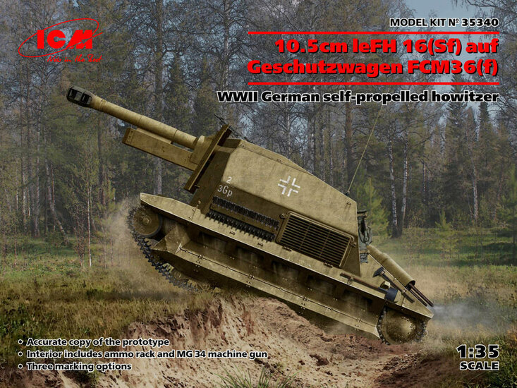 ICM 35340 10.5cm leFH 16(Sf)auf Geschutzwagen FCM36(f),WWII German self-propelled howitzer Bouwpakket Schaal 1:35