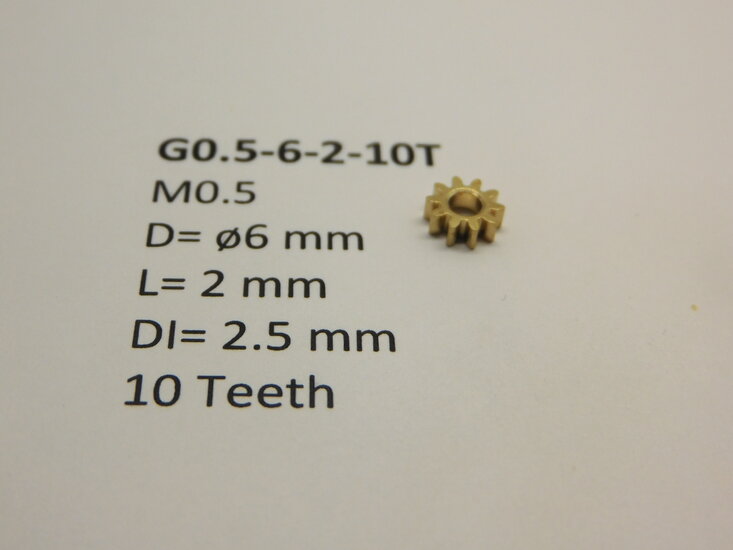Micromotor G0.5-6-2-10T messing tandwiel (2 mm, &oslash; gat 2.5 mm) voor de wielassen voor Lima, Rivarossi, Electrotren, Jouef en vele andere modellen