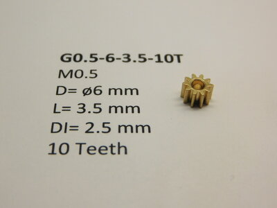 Micromotor G0.5-6-3.5-10T messing tandwiel (3.5 mm, ø gat 2.5 mm) voor de wielassen voor Lima, Rivarossi, Electrotren, Jouef en vele andere modellen. o.a. 